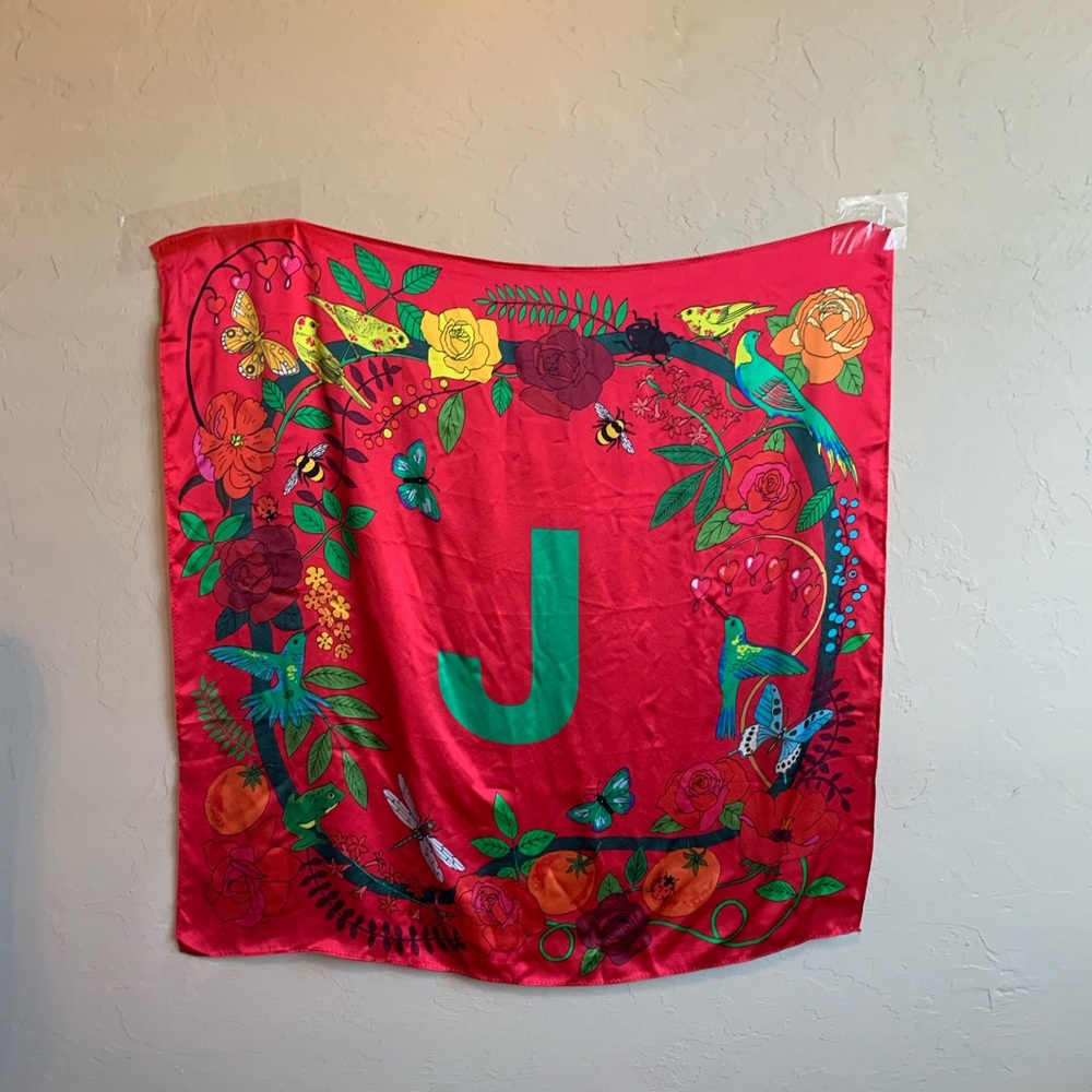 Karen Mabon 100% Silk Monogram Scarf “J”Floral Hummingbird Butterfly Red